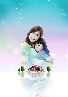 PSD 나무 편집이미지 여자 어린이 가족 포옹 주택 상반신 성인 두명 30대 한국인 물방울 비눗방울 전원주택 이미지편집 식물 관계 안기 사람 동양인 건물 장년 파일형식