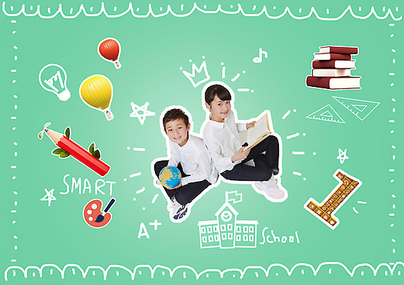 전신 PSD 편집이미지 1 여자 교육 남자 초등학생 전구 학교 초등교육 들기 두명 책 독서 숫자 연필 지구본 열기구 붓 팔레트 일본인 스마트 가부좌 삼각자 이미지편집 외국인 문자 학생 컨셉 항공교통 모션 학용품 자 사람 앉기 동양인 필기구 파일형식