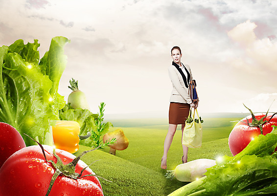 전신 PSD 백인 편집이미지 여자 토마토 피망 파프리카 한명 서기 들기 정장 잔디 초원 20대 성인 장보기 버섯 상추 장바구니 이미지편집 서양인 식물 1 옷 채소 모션 사람 청년 쇼핑 바구니 파일형식