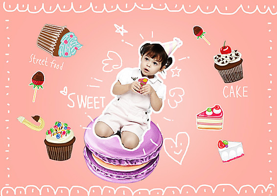 PSD 외국인 편집이미지 여자 딸기 한명 앉기 상반신 앞모습 케이크 고깔모자 아기 달콤 무릎꿇기 컵케이크 마카롱 츄러스 이미지편집 모자_잡화 1 뷰포인트 과일 모션 디저트 사람 인종 맛 파일형식