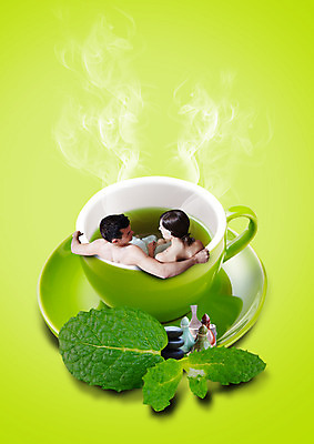 PSD 백인 편집이미지 커플 여자 남자 상반신 20대 성인 두명 뒷모습 초록색 30대 스파 찻잔 녹차 허브 스파용품 허브차 이미지편집 서양인 식물 뷰포인트 컬러 관계 잔 사람 청년 장년 차_음료 오브젝트 파일형식