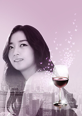 PSD 편집이미지 여자 나비 와인잔 한잔 한명 빌딩 상반신 20대 성인 옆모습 와인 한국인 도시 혼족 이미지편집 1 뷰포인트 곤충 술잔 주류 사람 동양인 청년 건물 싱글라이프 파일형식