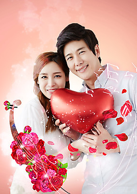 PSD 편집이미지 커플 여자 남자 꽃잎 음표 신혼부부 미소 들기 상반신 성인 두명 30대 장미 한국인 하트 바이올린 이미지편집 모양 기호 부부 꽃 음악 관계 모션 현악기 표정 사람 동양인 장년 신혼 파일형식