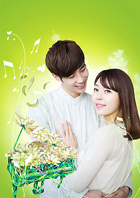 PSD 편집이미지 커플 여자 남자 꽃 악기 음표 신혼부부 안기 미소 상반신 20대 성인 두명 한국인 건반 그랜드피아노 이미지편집 식물 기호 부부 음악 관계 모션 표정 사람 동양인 청년 피아노 신혼 파일형식