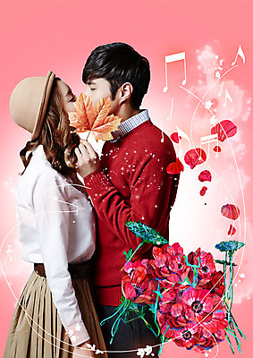 PSD 편집이미지 커플 여자 남자 꽃 단풍 음표 키스 상반신 20대 성인 두명 옆모습 눈감음 한국인 입가림 이미지편집 식물 기호 음악 뷰포인트 잎 관계 모션 사람 동양인 청년 가림 애정표현 파일형식