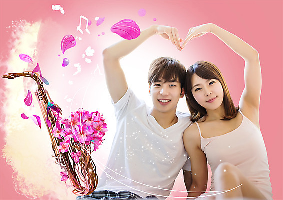 PSD 편집이미지 커플 여자 남자 꽃잎 꽃 신혼부부 미소 상반신 20대 성인 두명 앞모습 한국인 색소폰 손하트 이미지편집 식물 부부 뷰포인트 관계 표정 사람 동양인 손짓 청년 목관악기 신혼 파일형식