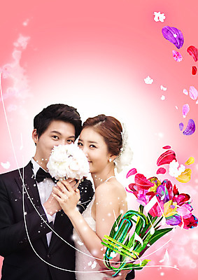 PSD 편집이미지 커플 여자 남자 꽃잎 꽃 신부 부케 웨딩드레스 신랑 음표 신혼부부 들기 정장 턱시도 상반신 성인 두명 30대 한국인 트럼펫 입가림 이미지편집 식물 기호 부부 드레스 옷 음악 꽃다발 결혼 관계 모션 사람 동양인 장년 가림 금관악기 신혼 파일형식