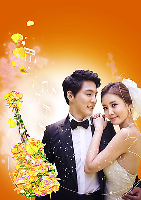 PSD 편집이미지 커플 여자 남자 꽃잎 꽃 신부 웨딩드레스 신랑 음표 신혼부부 안기 정장 턱시도 상반신 성인 두명 앞모습 옆모습 30대 한국인 통기타 이미지편집 식물 기호 부부 드레스 옷 음악 뷰포인트 결혼 관계 모션 사람 동양인 장년 기타 신혼 파일형식