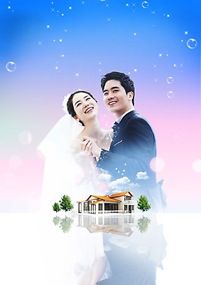 PSD 나무 구름 편집이미지 커플 여자 남자 신부 웨딩드레스 신랑 신혼부부 주택 미소 정장 턱시도 상반신 성인 두명 옆모습 손잡기 한국인 물방울 비눗방울 전원주택 이미지편집 자연요소 식물 부부 드레스 옷 뷰포인트 결혼 관계 모션 표정 사람 동양인 건물 신혼 파일형식