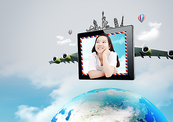 PSD 편집이미지 여자 지구 해외여행 고등학생 한명 상반신 태블릿 턱괴기 한국인 열기구 세계여행 비행기날개 이미지편집 1 학생 해외 여행 항공교통 모션 청소년 비행기 사람 동양인 전자제품 스마트기기 세계 파일형식