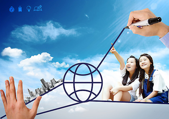 PSD 편집이미지 손 여자 선 고등학생 앉기 상반신 신체부위 세명 지구본 한국인 양손 가리킴 도시 청소년교육 그림 보드마카 이미지편집 학생 교육 모션 청소년 사람 동양인 손짓 펜 파일형식