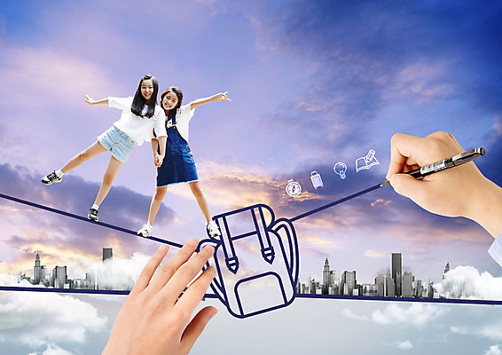 전신 PSD 편집이미지 손 여자 선 여행 배낭 고등학생 서기 앞모습 신체부위 세명 볼펜 한국인 양손 도시 그림 이미지편집 학생 뷰포인트 가방 모션 청소년 사람 동양인 펜 파일형식