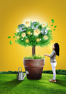 전신 PSD 나무 편집이미지 여자 화분 어린이 전구 한명 서기 잔디 초원 옆모습 환경 물뿌리개 한국인 플러그 전기에너지 에코 그린슈머 이미지편집 식물 1 뷰포인트 모션 사람 동양인 에너지 파일형식