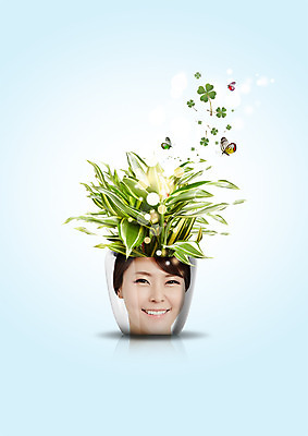 PSD 식물 편집이미지 여자 화분 얼굴 나비 한명 미소 20대 성인 자연보호 환경 그린캠페인 한국인 네잎클로버 성인여자한명만 이미지편집 1 캠페인 곤충 자연 표정 사람 동양인 청년 신체부위 클로버 보호 여자한명만 성인여자만 파일형식