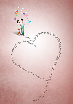 전신 PSD 편집이미지 커플 여자 남자 서기 20대 성인 두명 마주보기 한국인 하트 발자국 이미지편집 모양 관계 자국 모션 사람 동양인 청년 파일형식