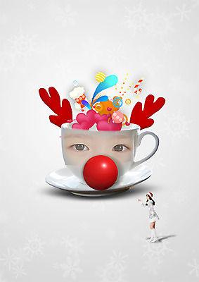 전신 PSD 편집이미지 여자 얼굴 크리스마스 산타옷 서기 20대 성인 두명 옆모습 신체부위 한국인 커피잔 찻잔 빨간코 사슴뿔 안구 이미지편집 옷 기념일 커피 뷰포인트 모션 잔 뿔 사람 동양인 청년 파일형식