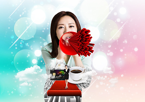 전신 PSD 편집이미지 여자 커피 서기 정장 상반신 20대 성인 두명 앞모습 30대 확성기 외침 한국인 물음표 비즈니스우먼 신용카드 커피잔 미로 레드카펫 이미지편집 기호 옷 음료 뷰포인트 비즈니스 모션 잔 사람 동양인 청년 장년 금융 소리 직장인 파일형식