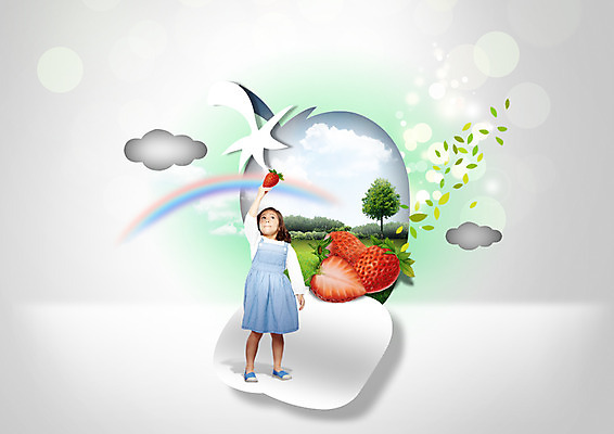 전신 PSD 외국인 구름 편집이미지 여자 종이 어린이 무지개 딸기 나뭇잎 한명 서기 들기 초원 앞모습 손들기 이미지편집 자연요소 1 뷰포인트 잎 과일 모션 사람 인종 파일형식