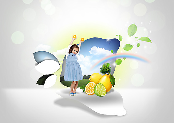 전신 PSD 외국인 편집이미지 여자 종이 어린이 무지개 나뭇잎 한명 서기 들기 초원 앞모습 손들기 레몬 이미지편집 자연요소 1 뷰포인트 잎 과일 모션 사람 인종 파일형식