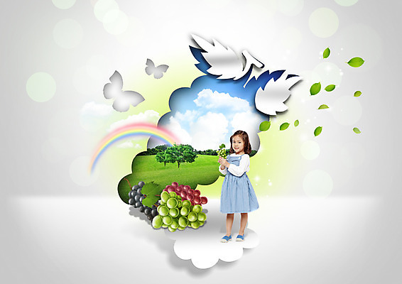 전신 PSD 외국인 편집이미지 여자 종이 어린이 나비 무지개 포도 나뭇잎 한명 서기 들기 초원 청포도 이미지편집 자연요소 1 곤충 잎 과일 모션 사람 인종 파일형식