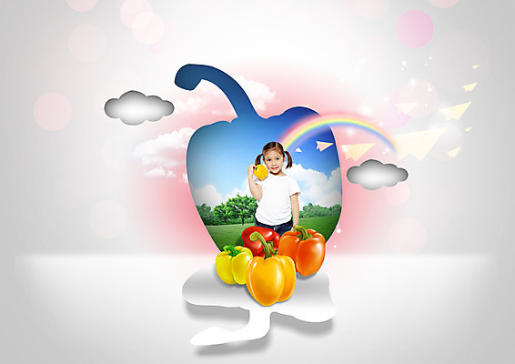 PSD 외국인 구름 편집이미지 여자 종이 어린이 무지개 피망 파프리카 한명 들기 초원 상반신 앞모습 종이비행기 이미지편집 자연요소 1 뷰포인트 채소 모션 사람 인종 종이접기 파일형식