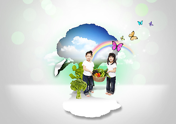 전신 PSD 편집이미지 여자 종이 나비 무지개 채소 서기 들기 초원 두명 바구니 유치원생 한국인 브로콜리 이미지편집 자연요소 어린이 곤충 모션 사람 동양인 파일형식