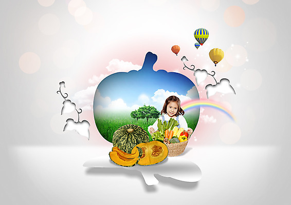 PSD 외국인 편집이미지 여자 종이 어린이 무지개 채소 한명 들기 초원 상반신 앞모습 바구니 열기구 단호박 이미지편집 자연요소 1 뷰포인트 항공교통 모션 호박 사람 인종 파일형식