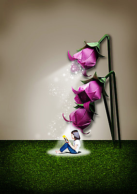 전신 PSD 편집이미지 여자 어린이 한명 앉기 잔디 옆모습 빛 독서 한국인 종이접기 방울꽃 이미지편집 식물 1 꽃 종이 뷰포인트 모션 사람 동양인 접기 파일형식