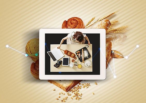 PSD 편집이미지 여자 빵 요리 한명 상반신 성인 30대 노트북 태블릿 한국인 바게트 식빵 제빵 머핀 꺾은선그래프 이미지편집 1 음식 그래프 사람 동양인 장년 전자제품 스마트기기 제과제빵 파일형식