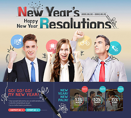 PSD 서양인 템플릿 여자 남자 웹템플릿 새해 이벤트페이지 이벤트 여러명 성인 펜 파이팅 해피뉴이어 이미지템플릿 외국인 다수 모션 사람 필기구 새해인사 페이지 파일형식