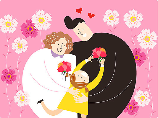 여자 기념일 남자 꽃 행복 어린이 일러스트 가족 성인 세명 기쁨 하트 어버이날 카네이션 설레임 국내일러스트 AI파일 모양 식물 감정 관계 사람 이벤트 파일형식 벡터