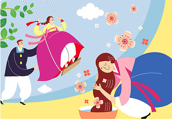 구름 여자 기념일 남자 행복 일러스트 나뭇잎 성인 세명 기쁨 한복 그네타기 설레임 머리감기 단오 단오날 단오놀이 창포 국내일러스트 AI파일 자연요소 식물 한국전통 명절 감정 잎 놀이 사람 이벤트 청결 전통의상 그네 파일형식 벡터