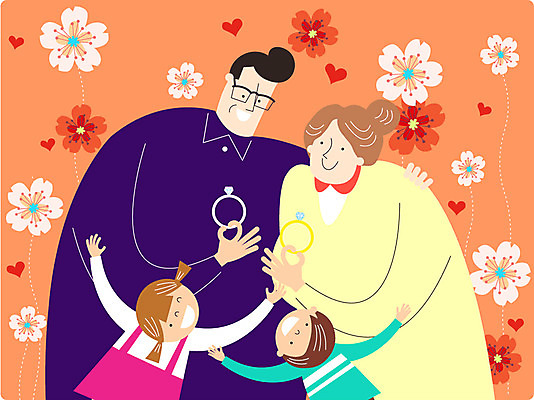 여자 기념일 남자 꽃 행복 어린이 일러스트 가족 여러명 성인 기쁨 반지 설레임 결혼기념일 국내일러스트 AI파일 식물 감정 다수 장신구 관계 사람 이벤트 파일형식 벡터