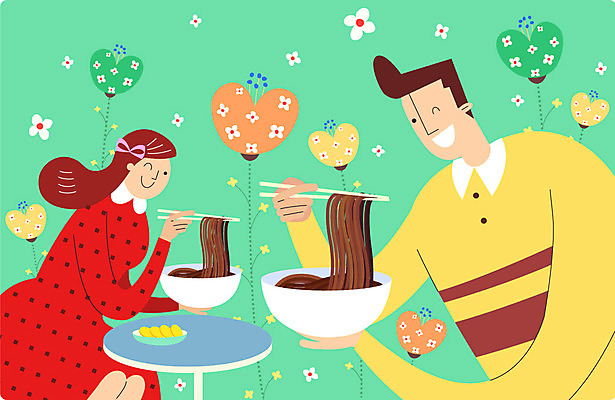 여자 기념일 남자 행복 일러스트 젓가락 성인 두명 기쁨 짜장면 단무지 설레임 불꽃모양 블랙데이 하트모형 국내일러스트 AI파일 모양 감정 데이이벤트 수저 사람 이벤트 모형 중식 파일형식 벡터