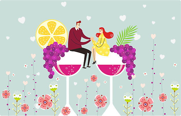 커플 여자 기념일 남자 꽃 행복 와인잔 일러스트 성인 두명 와인 기쁨 하트 레몬 설레임 와인데이 국내일러스트 AI파일 모양 식물 감정 술잔 과일 관계 데이이벤트 주류 사람 이벤트 파일형식 벡터