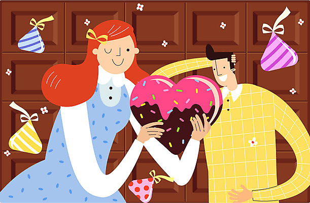 커플 여자 기념일 남자 행복 프로포즈 일러스트 발렌타인데이 성인 두명 초콜릿 기쁨 하트 설레임 국내일러스트 AI파일 모양 감정 관계 데이이벤트 디저트 사람 이벤트 파일형식 벡터