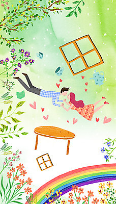 PSD 나무 커플 여자 남자 꽃 무지개 일러스트 창문 상상 탁자 주전자 함께함 사랑 성인 두명 컵 판타지 하트 국내일러스트 자연요소 모양 식물 식기 감정 가구 컨셉 관계 주방용품 사람 파일형식