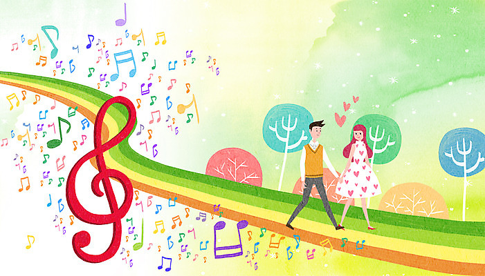 PSD 나무 커플 여자 남자 음표 일러스트 상상 함께함 사랑 성인 두명 판타지 손잡기 하트 높은음자리표 오선지 국내일러스트 모양 식물 기호 감정 음악 컨셉 관계 모션 사람 악보 오선 파일형식