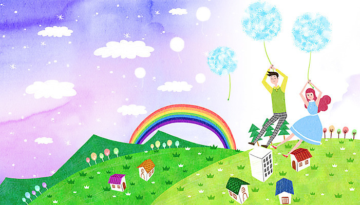 PSD 나무 구름 커플 여자 남자 무지개 일러스트 상상 산 주택 함께함 사랑 성인 두명 판타지 마을 비행 민들레홀씨 국내일러스트 자연요소 식물 감정 컨셉 관계 사람 건물 민들레 파일형식