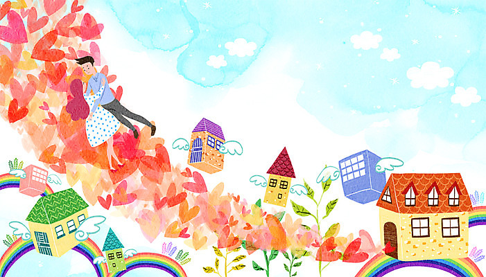 PSD 구름 커플 여자 남자 무지개 날개 일러스트 안기 상상 하늘 나뭇잎 주택 함께함 사랑 성인 두명 판타지 마을 하트 국내일러스트 자연요소 모양 감정 컨셉 잎 관계 모션 사람 건물 파일형식