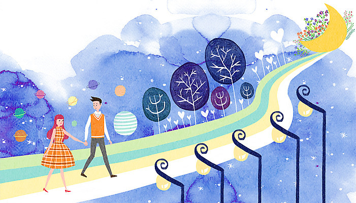 PSD 나무 커플 여자 남자 꽃 가로등 일러스트 상상 함께함 사랑 성인 두명 판타지 손잡기 행성 달 하트 은하수 국내일러스트 자연요소 모양 식물 공공시설 감정 컨셉 관계 모션 자연 사람 우주 파일형식