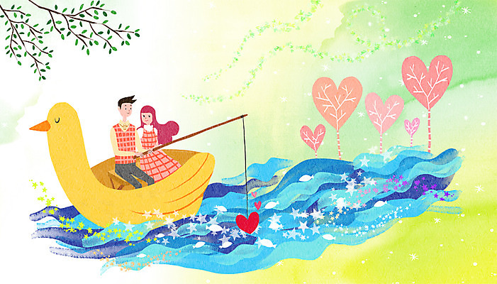 PSD 나무 커플 여자 남자 별 일러스트 상상 조류 낚시 함께함 사랑 성인 두명 강 판타지 하트 낚싯대 오리배 국내일러스트 자연요소 모양 식물 동물 감정 컨셉 관계 레저 사람 낚시용품 파일형식