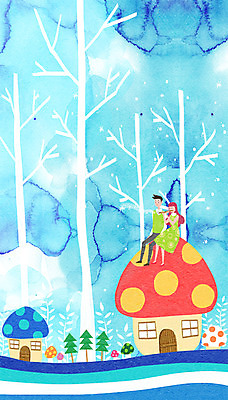 PSD 나무 커플 여자 남자 일러스트 상상 나뭇잎 주택 함께함 사랑 성인 두명 판타지 버섯 하트 국내일러스트 모양 식물 감정 컨셉 잎 관계 사람 건물 파일형식