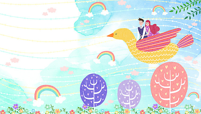 PSD 나무 구름 커플 여자 남자 꽃 무지개 일러스트 상상 조류 나뭇잎 함께함 사랑 성인 두명 판타지 하트 비행 국내일러스트 자연요소 모양 식물 동물 감정 컨셉 잎 관계 사람 파일형식