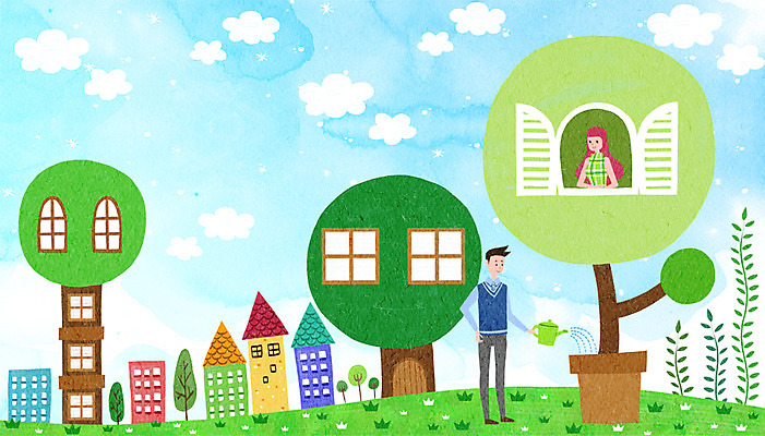 PSD 나무 구름 커플 여자 남자 일러스트 창문 상상 나뭇잎 주택 함께함 사랑 성인 두명 판타지 물뿌리개 하트 물주기 국내일러스트 자연요소 모양 식물 감정 컨셉 잎 관계 모션 사람 건물 파일형식