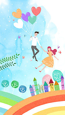 PSD 나무 커플 여자 남자 나비 무지개 일러스트 상상 나뭇잎 주택 함께함 사랑 성인 두명 판타지 마을 손잡기 하트 비행 풍선 국내일러스트 자연요소 모양 식물 감정 곤충 컨셉 잎 관계 모션 사람 건물 파일형식