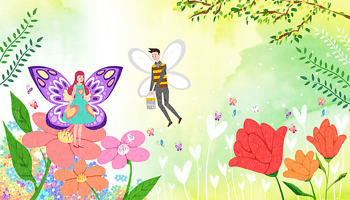 PSD 나무 커플 여자 남자 꽃 나비 일러스트 상상 나뭇잎 함께함 사랑 성인 두명 판타지 하트 꿀단지 국내일러스트 모양 식물 감정 곤충 컨셉 잎 관계 사람 파일형식