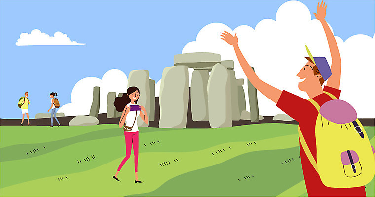 구름 여자 남자 해외여행 여행 일러스트 배낭 영국 여러명 성인 돌_바위 유럽여행 스톤헨지 국내일러스트 AI파일 자연요소 해외 유럽 다수 가방 사람 파일형식 벡터