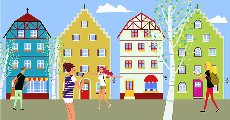 나무 구름 여자 남자 해외여행 여행 일러스트 창문 거리 여러명 성인 건물 유럽여행 국내일러스트 AI파일 자연요소 식물 해외 건축물 다수 사람 파일형식 벡터