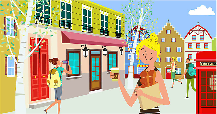 나무 구름 여자 남자 빵 해외여행 여행 일러스트 배낭 거리 여러명 성인 건물 유럽여행 국내일러스트 AI파일 자연요소 식물 해외 건축물 음식 다수 가방 사람 파일형식 벡터